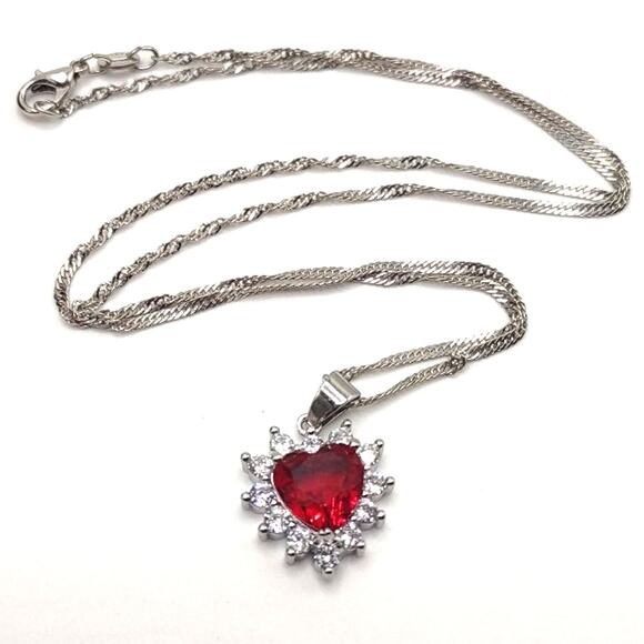 925 Sterling Silver Necklace w/ Heart Pendant Synthetic Ruby & Diamond Valentine - Picture 1 of 7